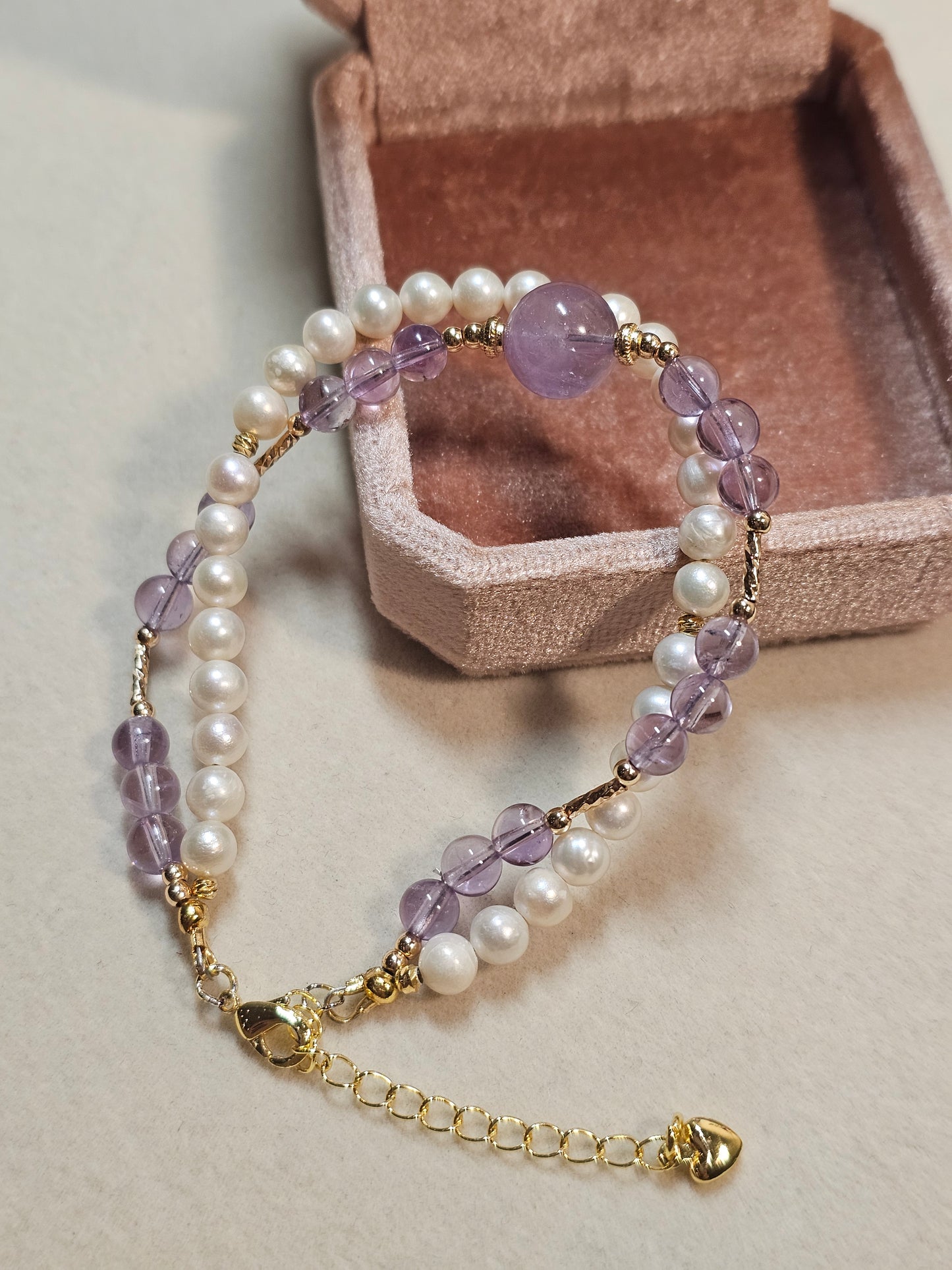 Natural Amethyst & Freshwater Pearl Bracelet Adjustable Gemstone Bracelet | 5.5mm Gift for Her