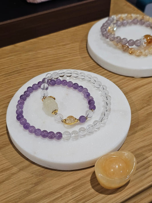 Golden Tower Quartz × Amethyst · Double-Layer Bracelet 6mm