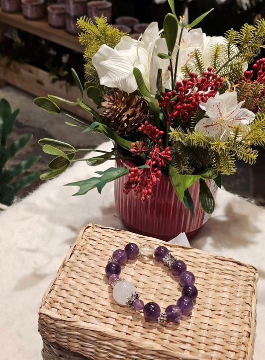 Amethyst × Clear Quartz × White Azeztulite Bracelet 14mm