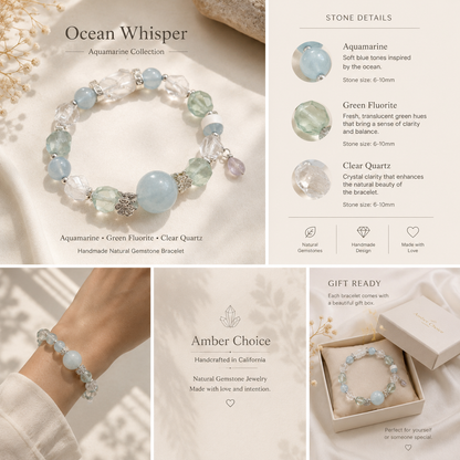Aquamarine, Green Fluorite & Clear Quartz Bracelet | 10mm Handmade Natural Gemstone Bracelet | Ocean Inspired Crystal Jewelry