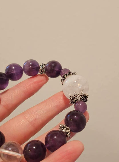 Amethyst, Clear Quartz & White Azeztulite Bracelet 14mm | 紫水晶 × 白水晶 × 白阿賽手鏈