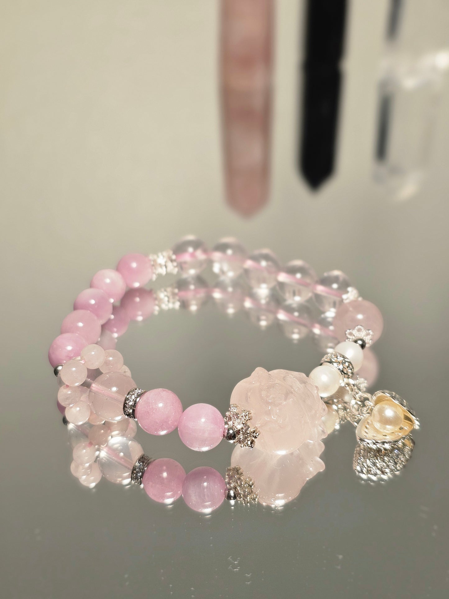 Rose Quartz Lucky Cat × Kunzite × Freshwater Pearl Bracelet 8.5mm
