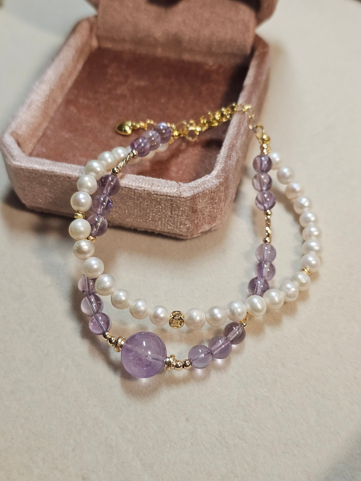 Natural Amethyst & Freshwater Pearl Bracelet Adjustable Gemstone Bracelet | 5.5mm Gift for Her