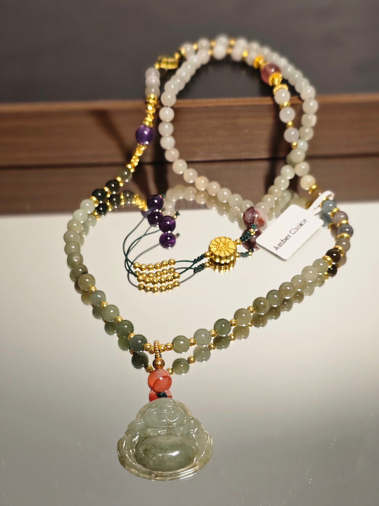 Burmese Jadeite Buddha × Hetian Jade × Agate with Flower Pattern × Strawberry Quartz × Amethyst × Red Garden Quartz × Amber Necklace 6mm

