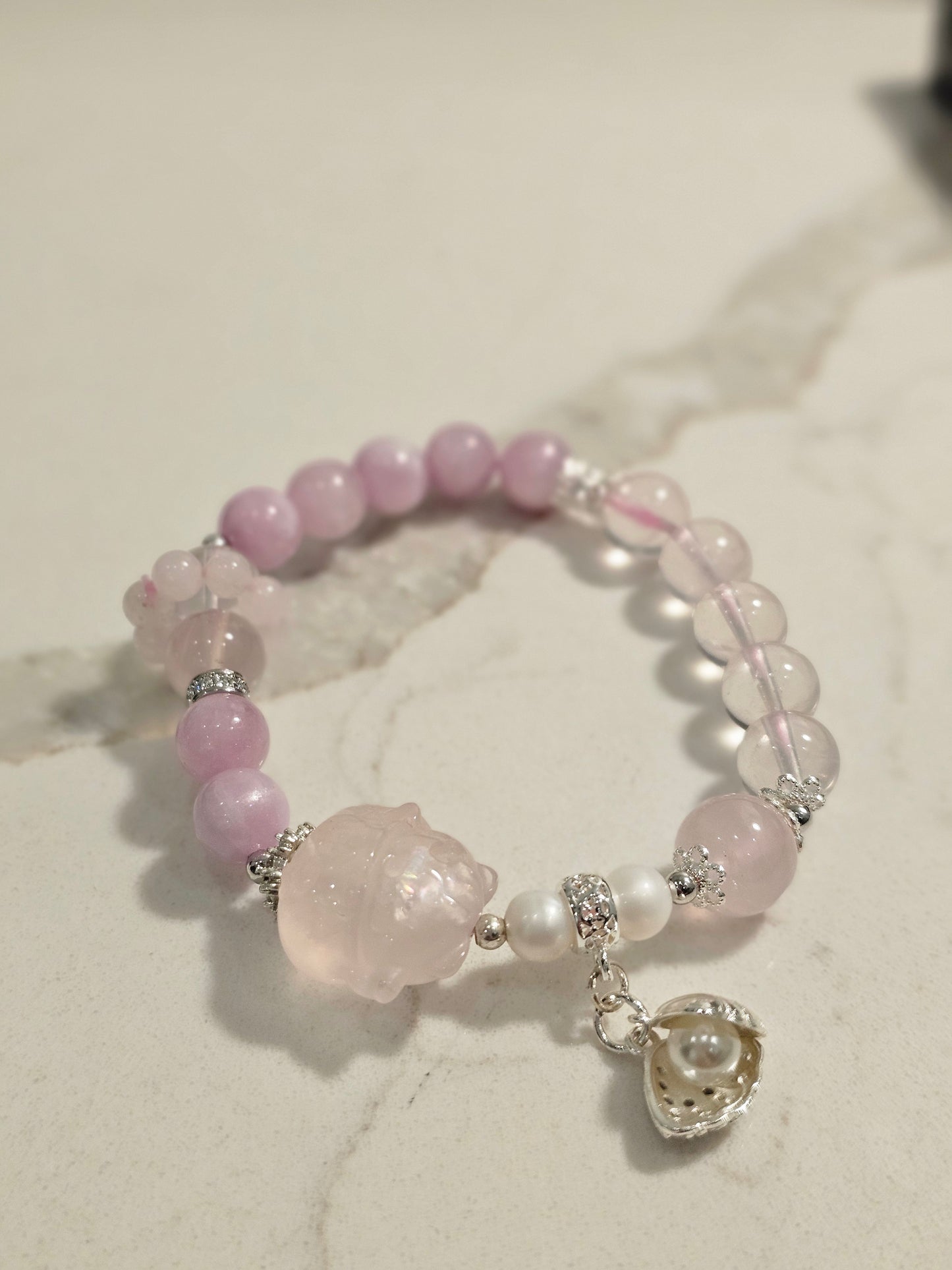 Rose Quartz Lucky Cat × Kunzite × Freshwater Pearl Bracelet 8.5mm