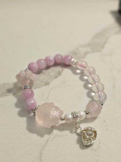 Rose Quartz Lucky Cat × Kunzite × Freshwater Pearl Bracelet 8.5mm