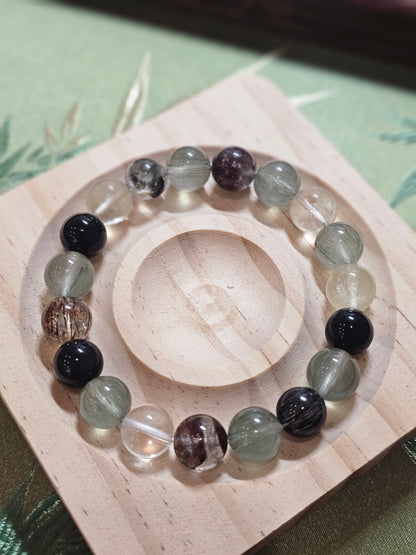 Natural Green Rutilated Quartz & Green Phantom Bracelet 10mm | Super Seven Crystal Bracelet | Handmade Gemstone Jewelry