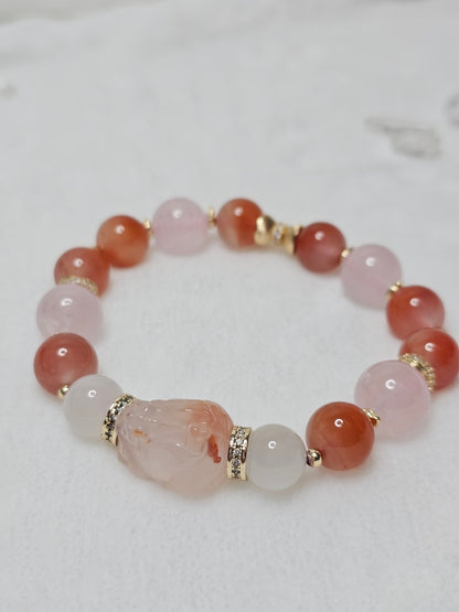 Red Agate × Rose Quartz × Moonstone Pixiu Bracelet 11.3mm 