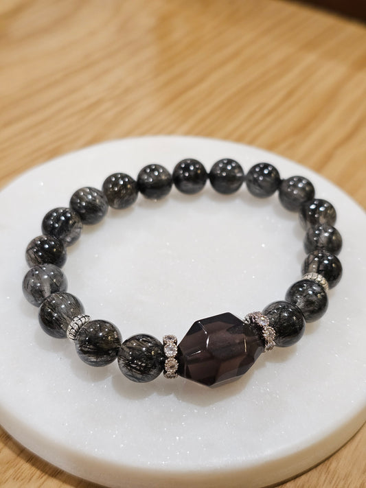 Black Rutilated Quartz × Smoky Quartz Bracelet 9.2mm