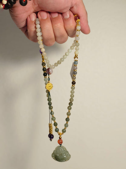Burmese Jadeite Buddha × Hetian Jade × Agate with Flower Pattern × Strawberry Quartz × Amethyst × Red Garden Quartz × Amber Necklace 6mm

