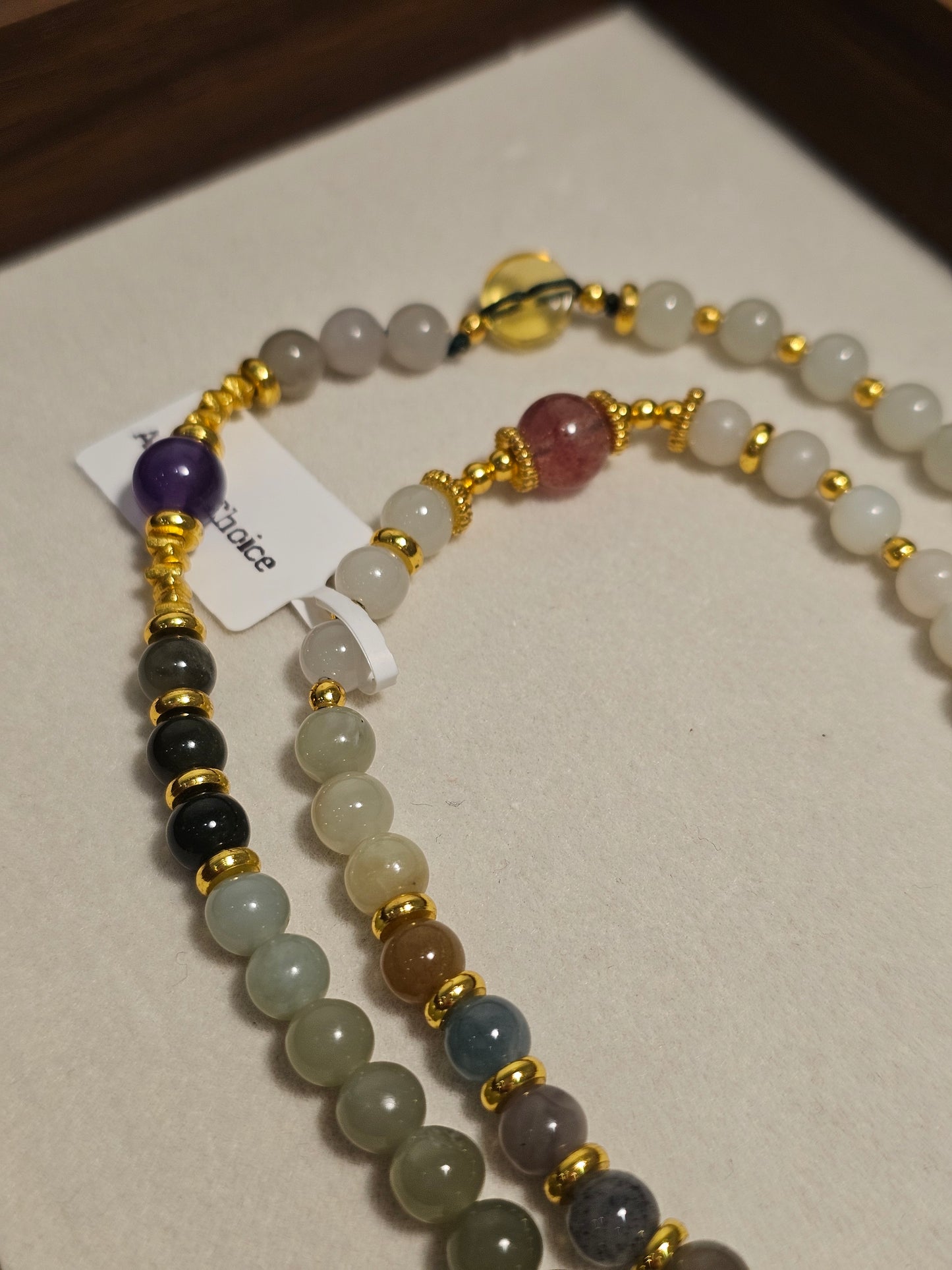 Burmese Jadeite Buddha × Hetian Jade × Agate with Flower Pattern × Strawberry Quartz × Amethyst × Red Garden Quartz × Amber Necklace 6mm

