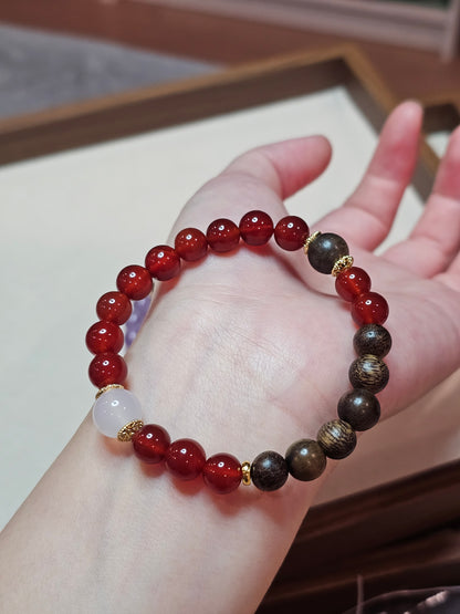 Red Agate × White Agate × Agarwood Bracelet | 8mm