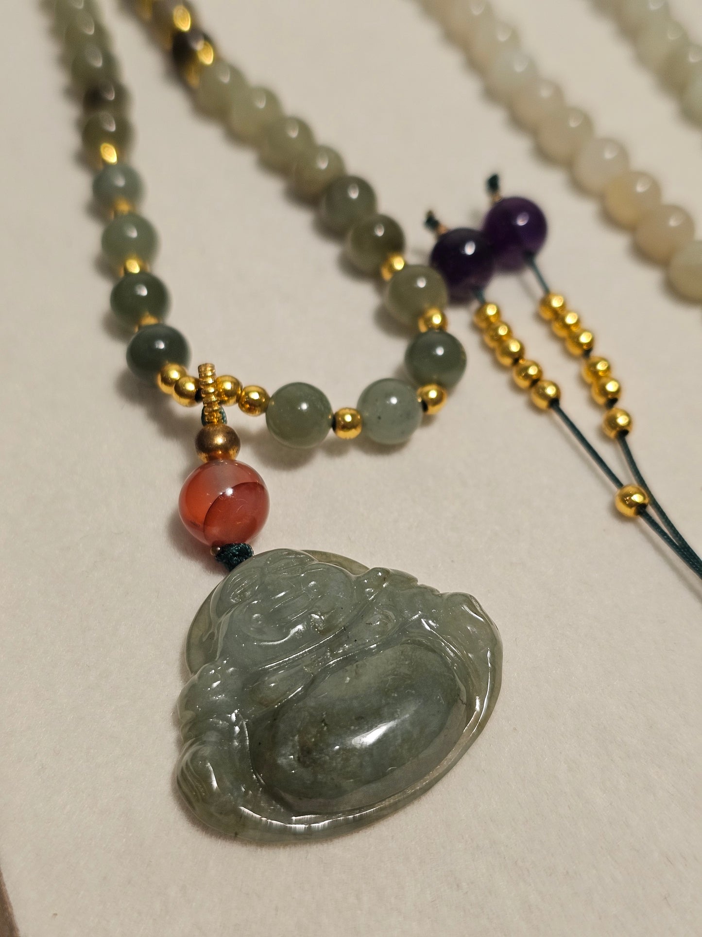 Burmese Jadeite Buddha × Hetian Jade × Agate with Flower Pattern × Strawberry Quartz × Amethyst × Red Garden Quartz × Amber Necklace 6mm

