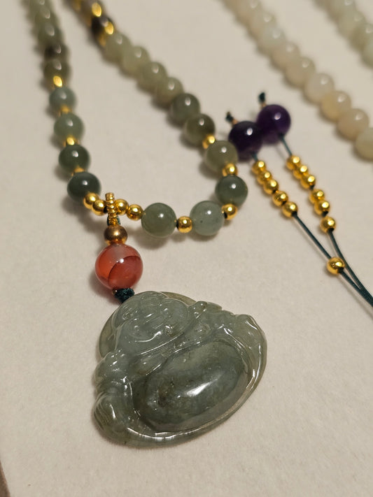Burmese Jadeite Buddha × Hetian Jade × Agate with Flower Pattern × Strawberry Quartz × Amethyst × Red Garden Quartz × Amber Necklace 6mm

