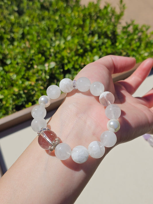White Phantom Quartz × Clear Quartz × Freshwater Pearl Bracelet | 12.5mm