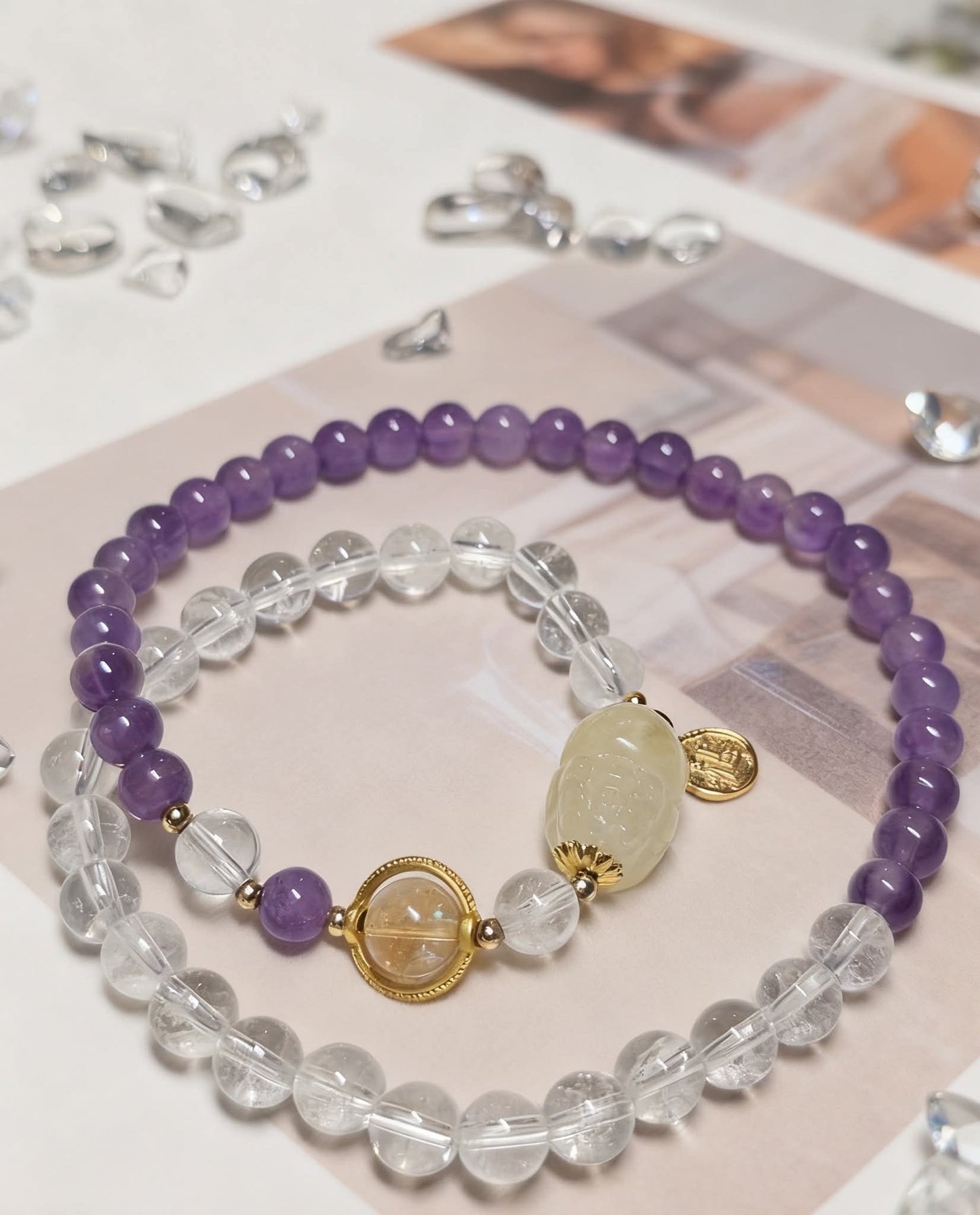 Golden Tower Quartz × Amethyst · Double-Layer Bracelet 6mm