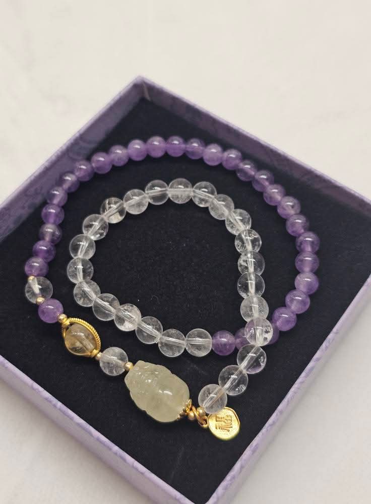 Golden Tower Quartz × Amethyst · Double-Layer Bracelet 6mm