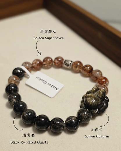 九尾狐金曜石 × 黑金超七 × 黑髮晶 手鏈 9mm