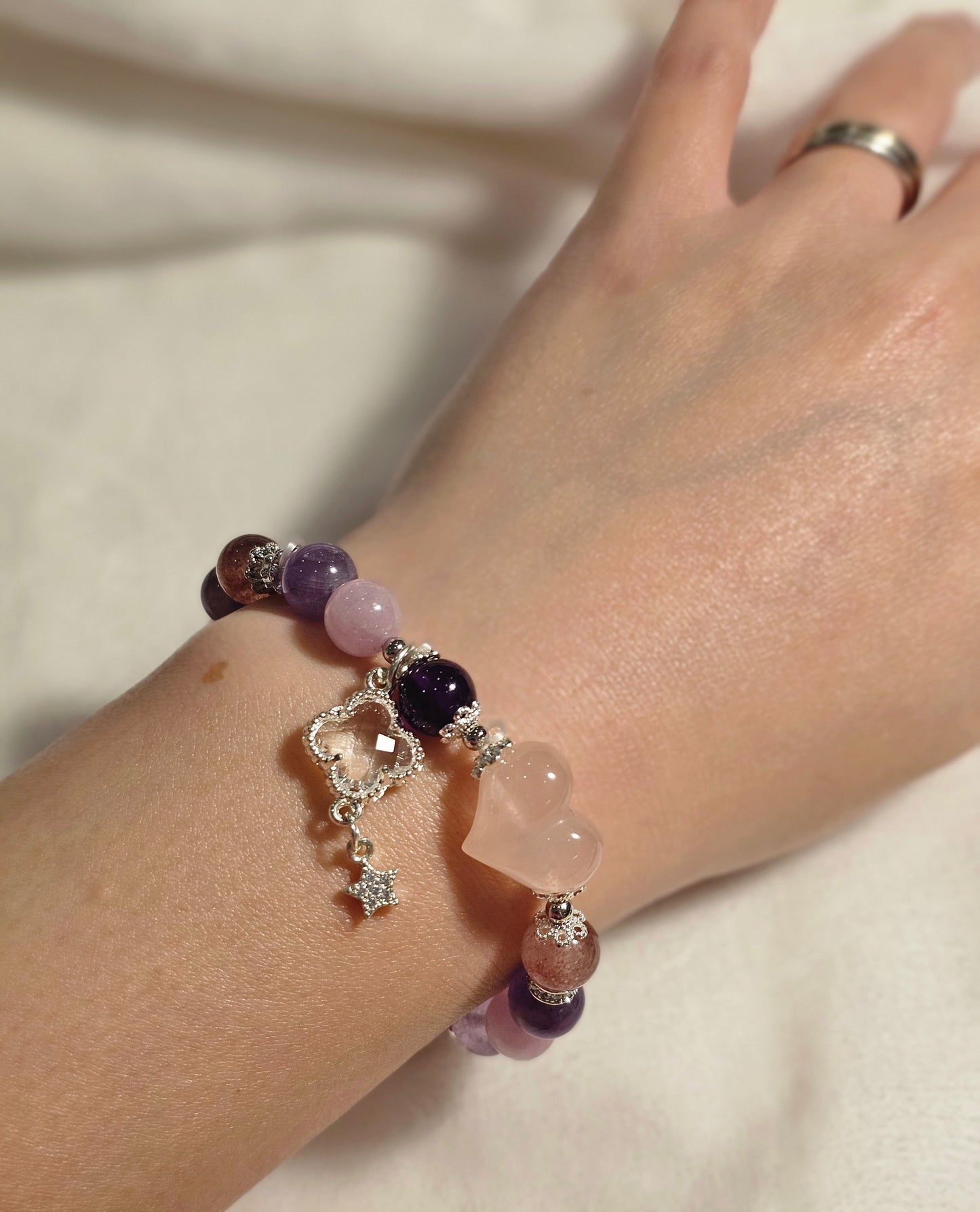 Rose Quartz Heart × Uruguay Amethyst × Lepidolite Bracelet 8mm
