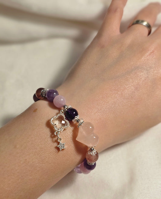 Rose Quartz Heart × Uruguay Amethyst × Lepidolite Bracelet 8mm