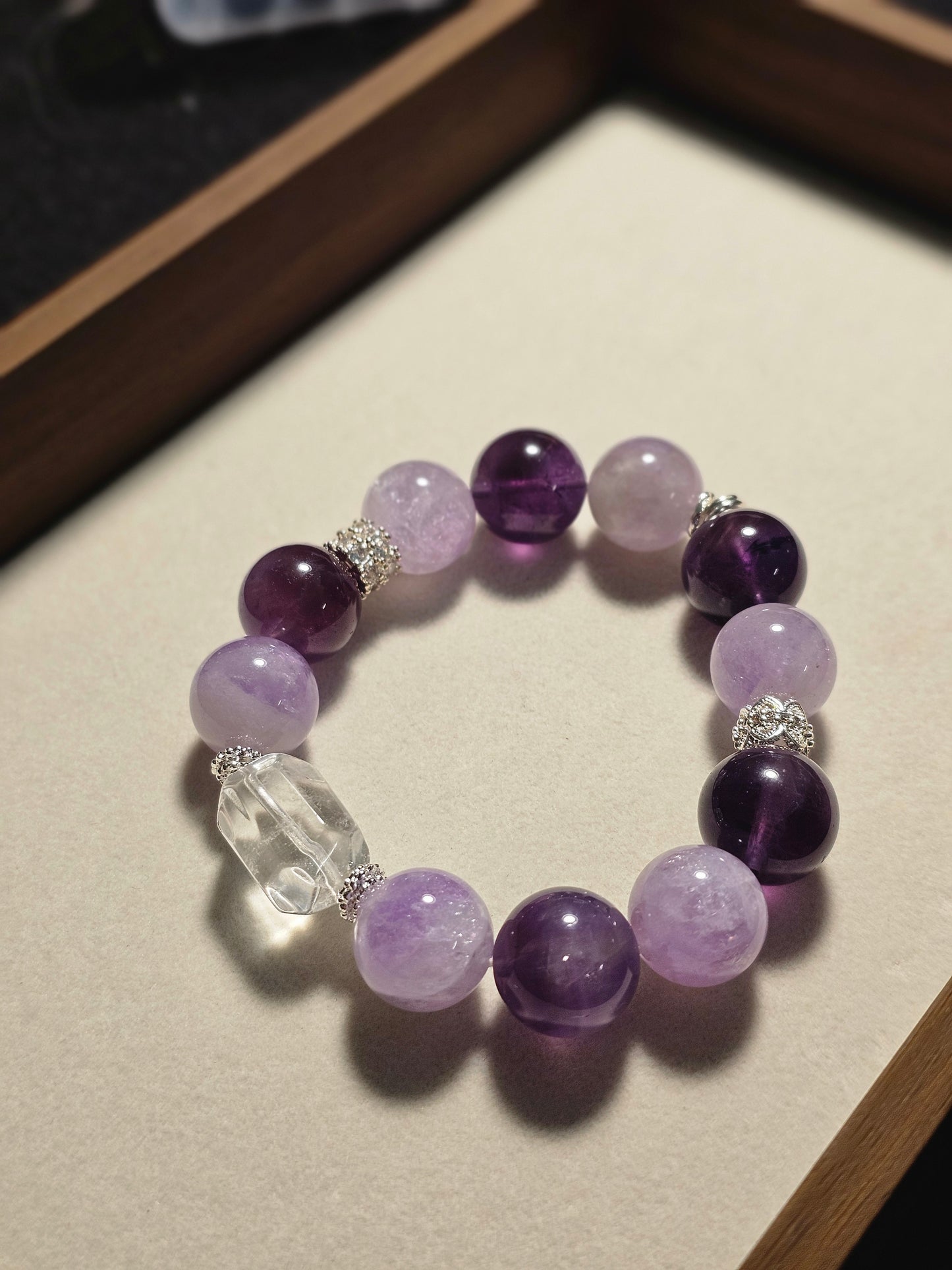 “Purple Aura Rising” Energy Bracelet 14mm
Amethyst × Lepidolite × Clear Quartz Cube