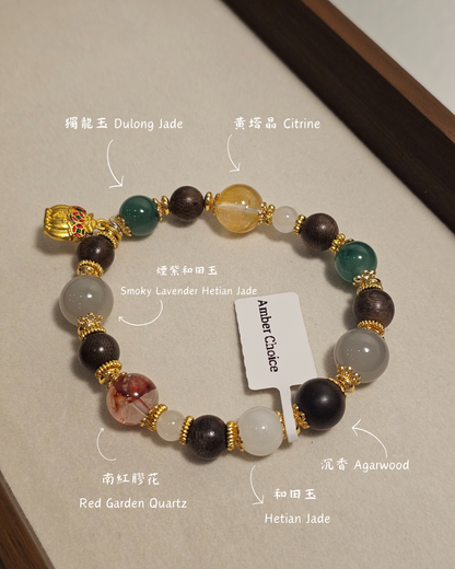 Premium Multi-Gemstone Bracelet · Smoky Lavender Hetian Jade × Agarwood × Dulong Jade × Citrine × Red Garden Quartz × Hetian Jade 9mm