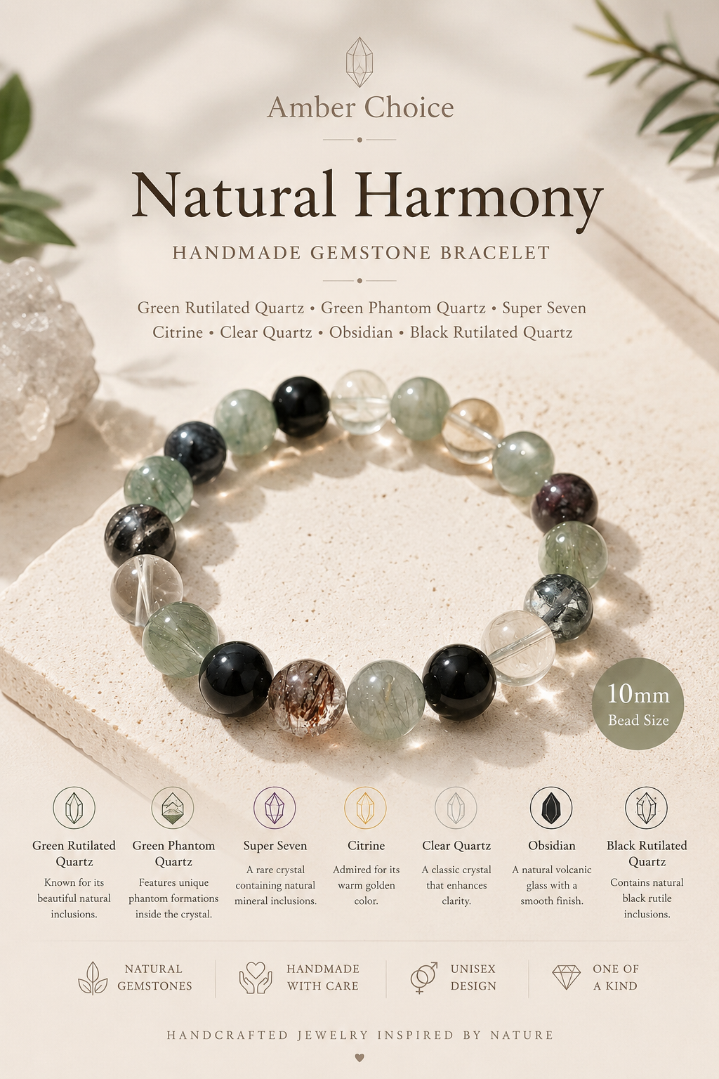 Natural Green Rutilated Quartz & Green Phantom Bracelet 10mm | Super Seven Crystal Bracelet | Handmade Gemstone Jewelry