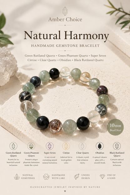 Natural Green Rutilated Quartz & Green Phantom Bracelet 10mm | Super Seven Crystal Bracelet | Handmade Gemstone Jewelry