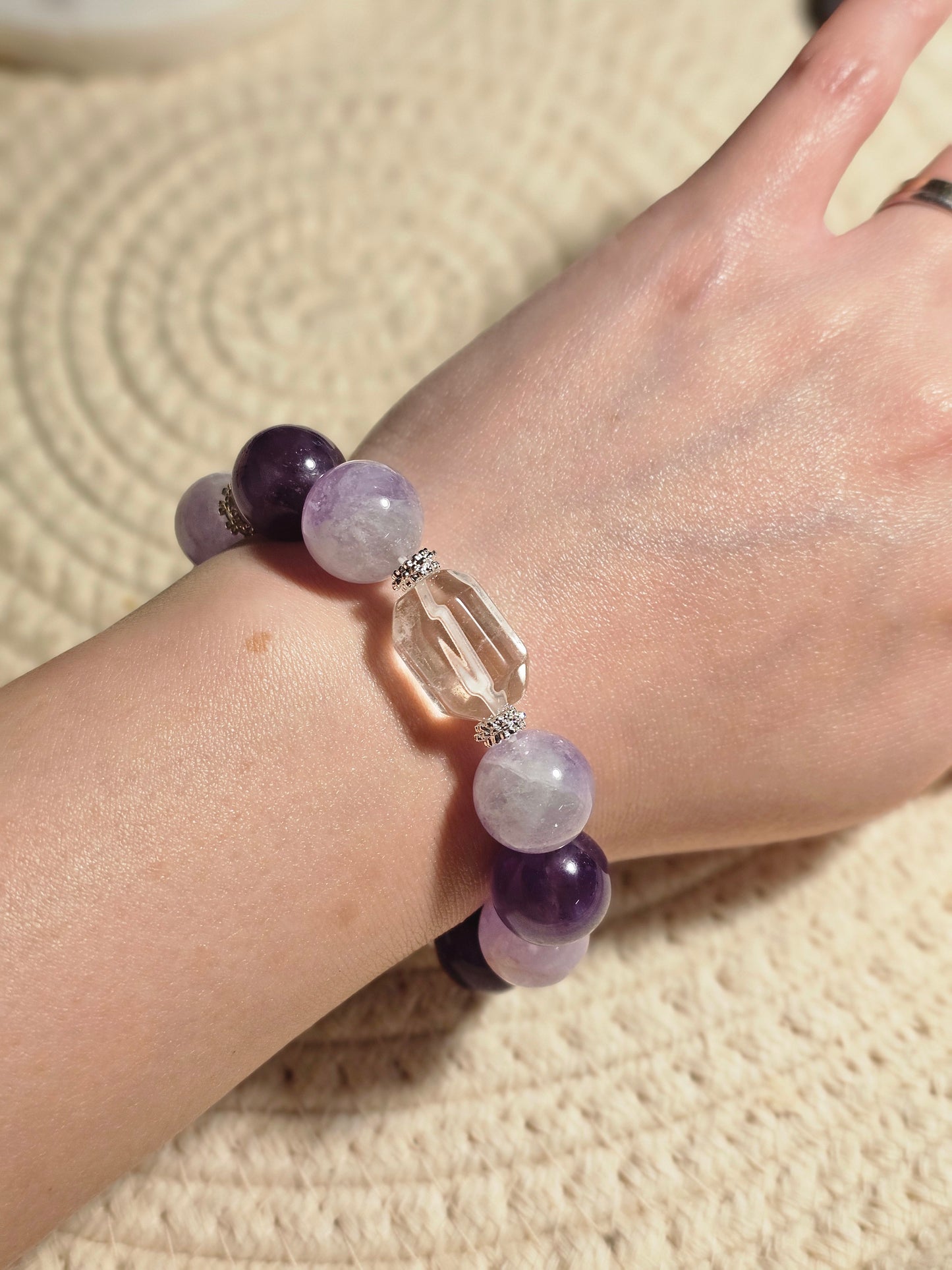 “Purple Aura Rising” Energy Bracelet 14mm
Amethyst × Lepidolite × Clear Quartz Cube