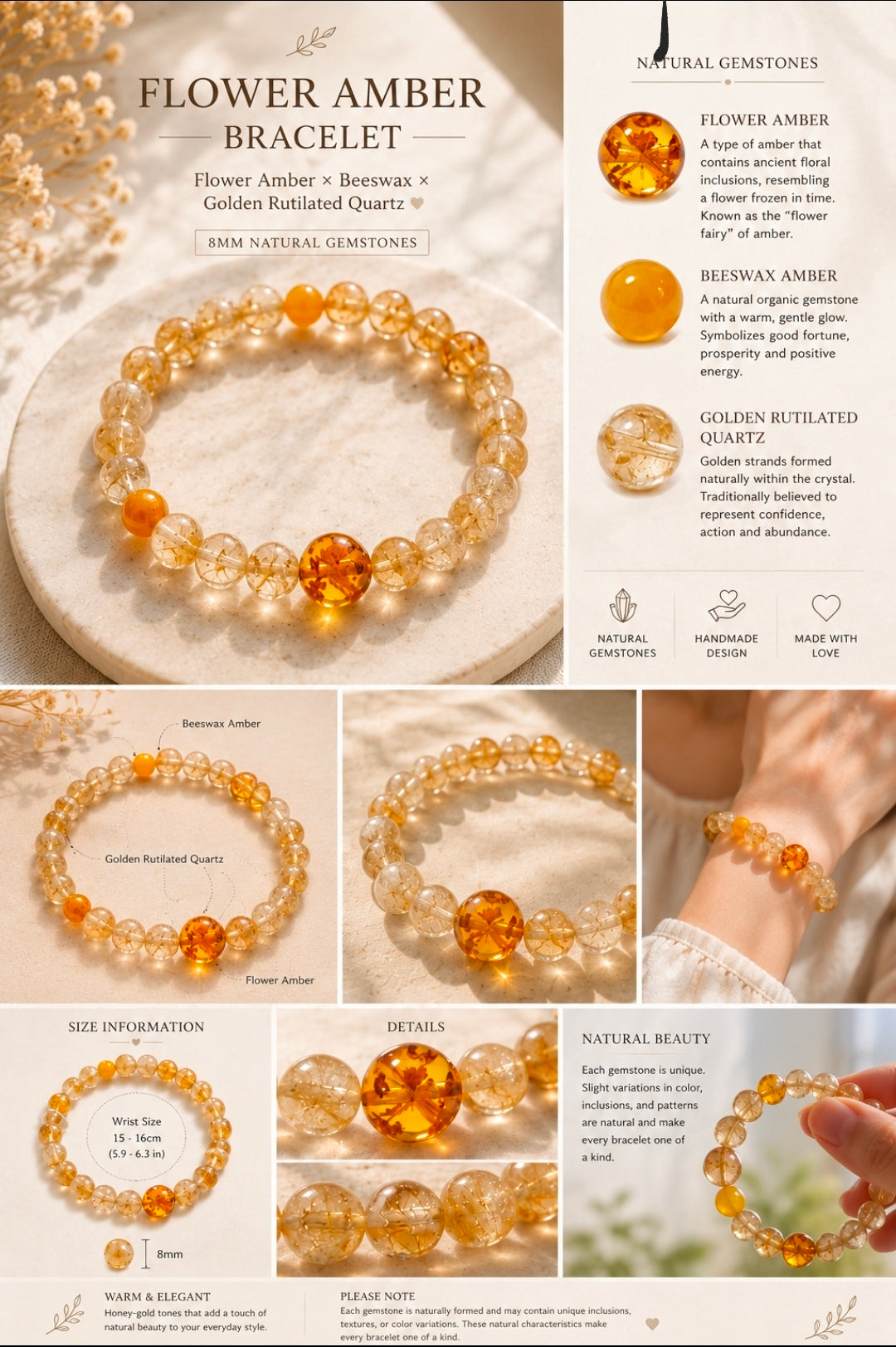 Flower Amber × Beeswax Amber × Golden Rutilated Quartz Bracelet 8mm
