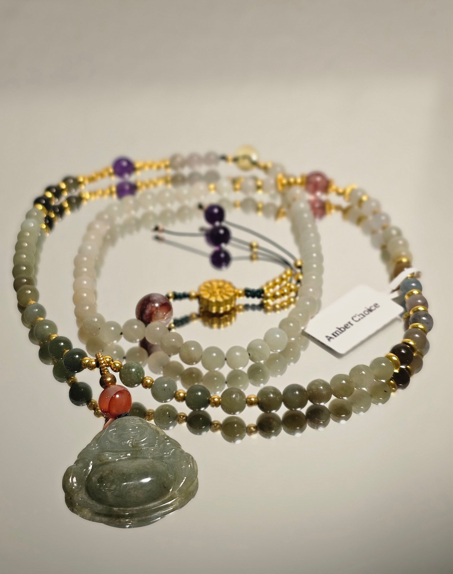 Burmese Jadeite Buddha × Hetian Jade × Agate with Flower Pattern × Strawberry Quartz × Amethyst × Red Garden Quartz × Amber Necklace 6mm

