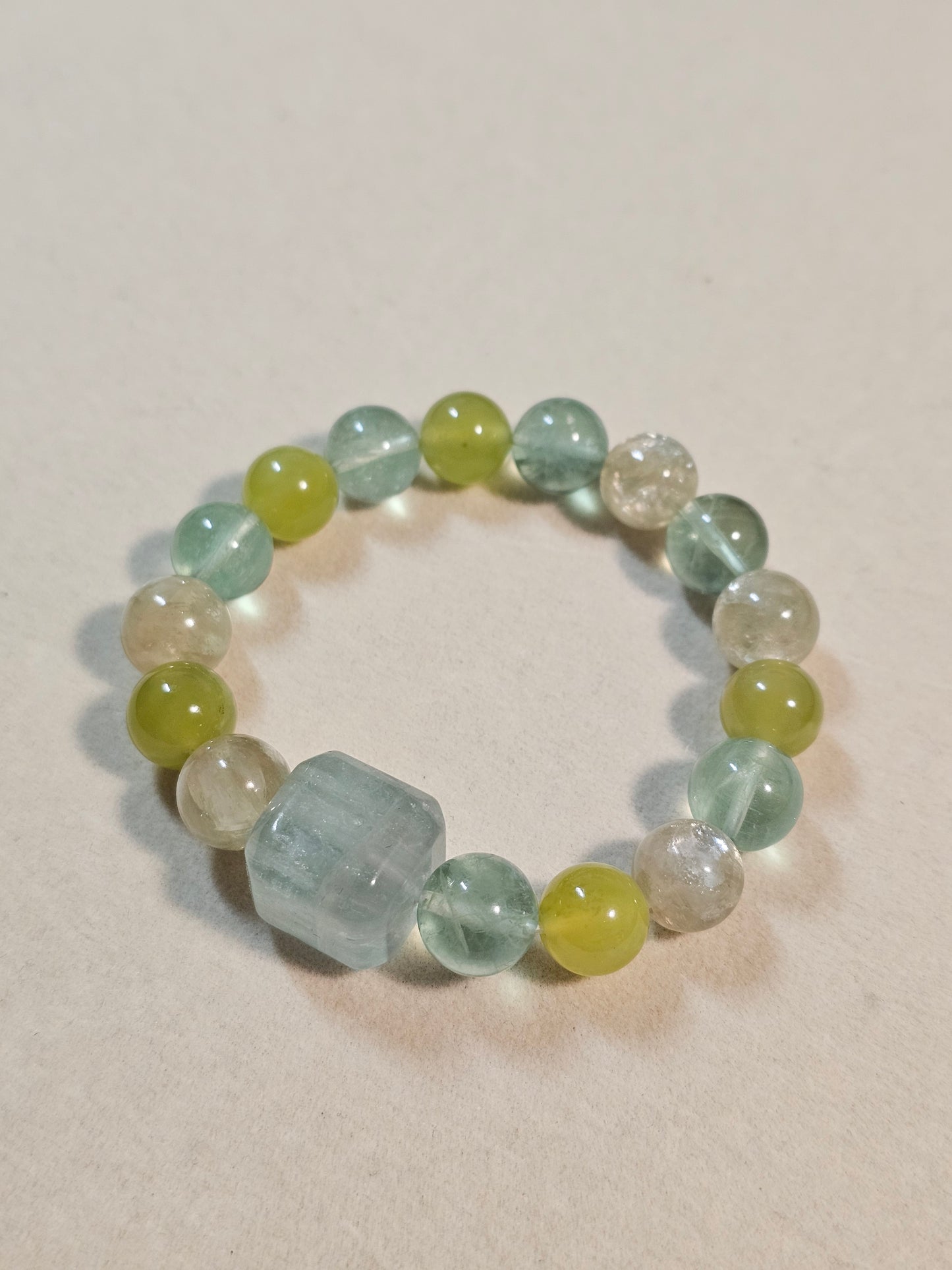 Natural Green Fluorite Cube Bracelet | Xiuyu Jade & Yellow Mica | 10mm Gemstone Bracelet | Handmade Crystal Jewelry | Gift for Her