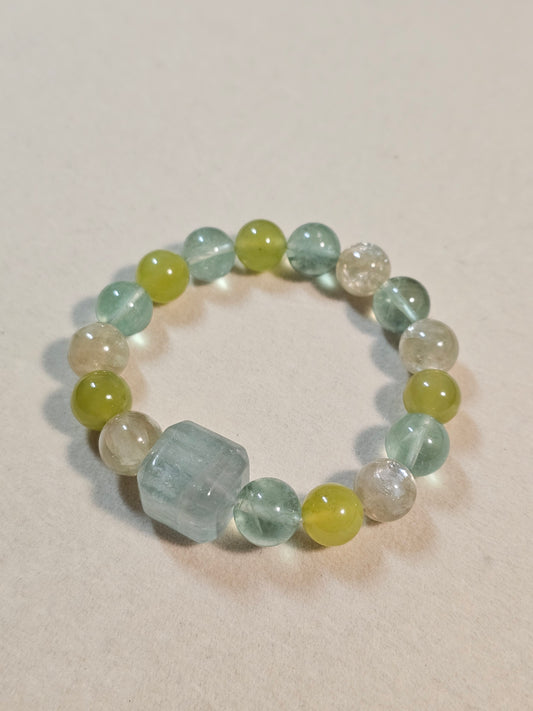 Natural Green Fluorite Cube Bracelet | Xiuyu Jade & Yellow Mica | 10mm Gemstone Bracelet | Handmade Crystal Jewelry | Gift for Her