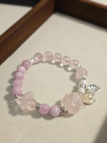 Rose Quartz Lucky Cat × Kunzite × Freshwater Pearl Bracelet 8.5mm