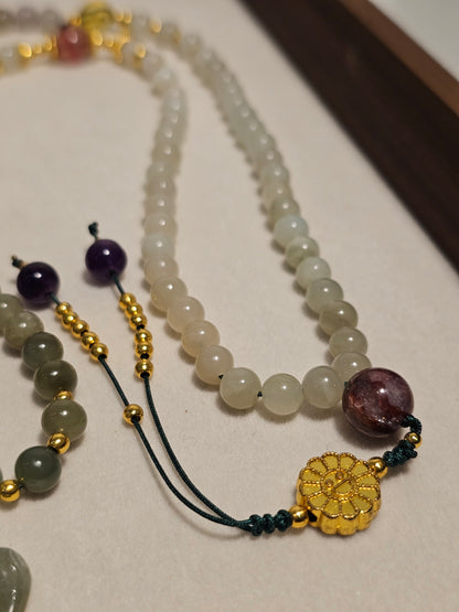 Burmese Jadeite Buddha × Hetian Jade × Agate with Flower Pattern × Strawberry Quartz × Amethyst × Red Garden Quartz × Amber Necklace 6mm

