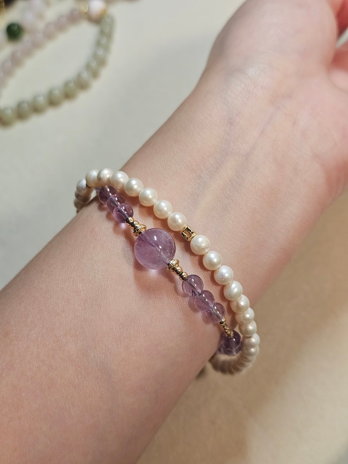 Natural Amethyst & Freshwater Pearl Bracelet Adjustable Gemstone Bracelet | 5.5mm Gift for Her