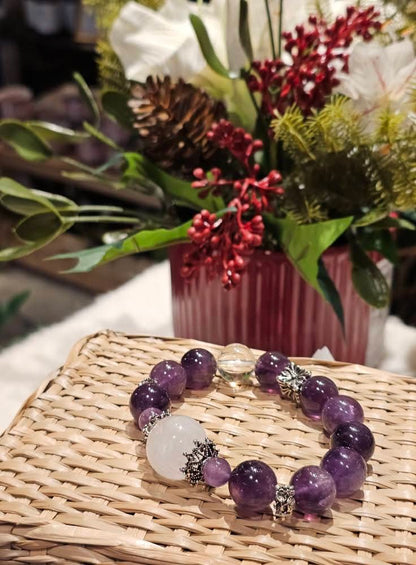 Amethyst, Clear Quartz & White Azeztulite Bracelet 14mm | 紫水晶 × 白水晶 × 白阿賽手鏈