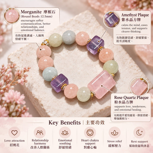 Rose Quartz Plaque, Amethyst Plaque & Morganite Bracelet materials and benefits | 粉水晶方牌 紫水晶方牌 摩根石手鏈材質功效