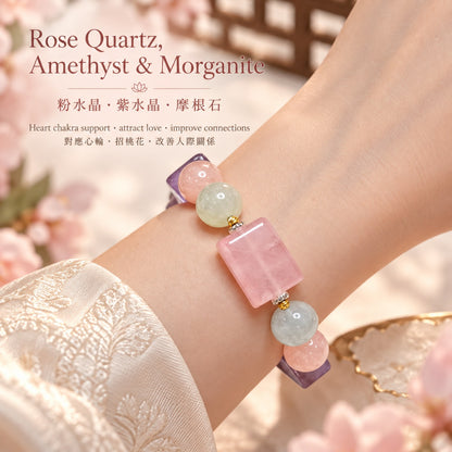 Rose Quartz Plaque, Amethyst Plaque & Morganite Bracelet worn | 粉水晶方牌 紫水晶方牌 摩根石手鏈上手效果