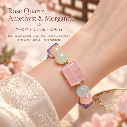 Rose Quartz Plaque, Amethyst Plaque & Morganite Bracelet worn | 粉水晶方牌 紫水晶方牌 摩根石手鏈上手效果