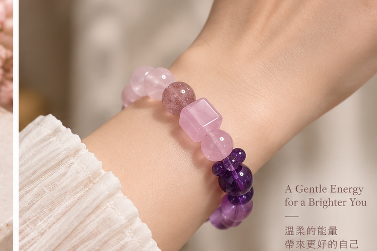 Rose Quartz Cube Strawberry Quartz Amethyst Bracelet worn | 粉晶方糖草莓晶紫水晶手鏈上手效果