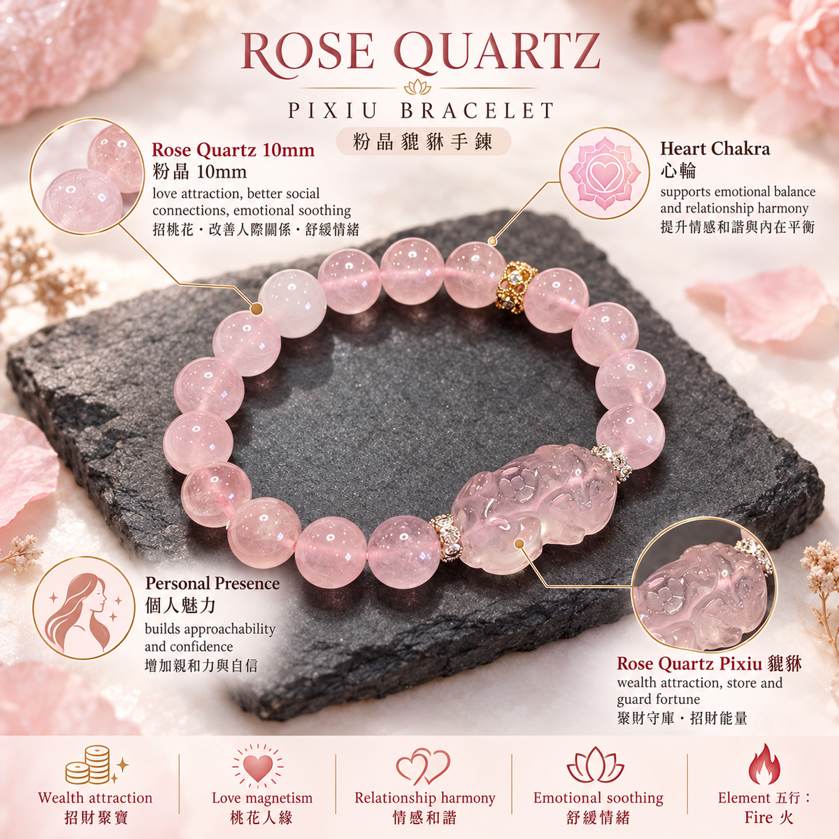 Rose Quartz Pixiu Bracelet 10mm materials and benefits | 粉晶貔貅手鏈材質與功效