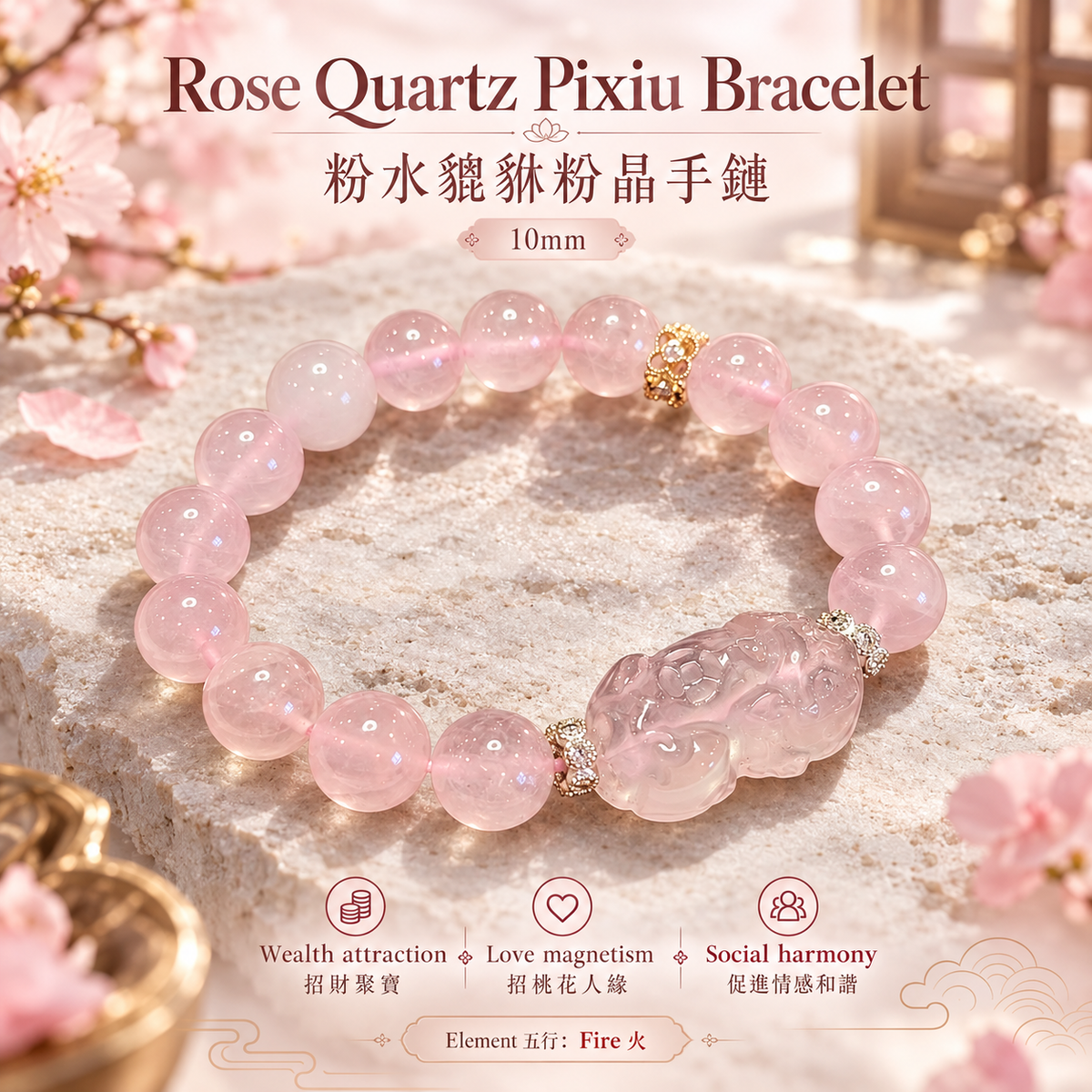 Rose Quartz Pixiu Bracelet 10mm | 粉晶貔貅手鏈