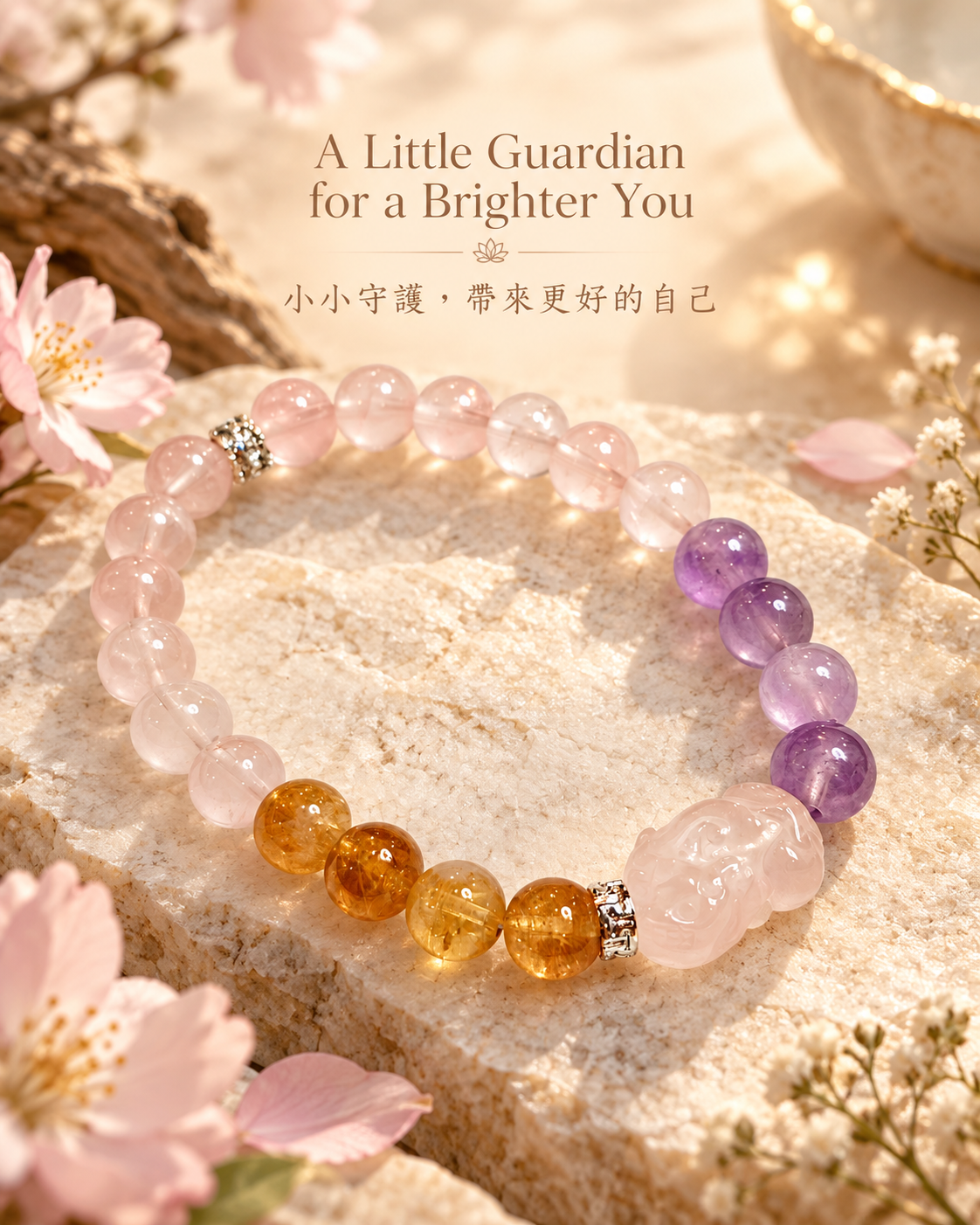 Rose Quartz Pixiu Yellow Tower Quartz Amethyst Bracelet concept | 粉晶貔貅黃塔晶紫水晶手鏈形象圖