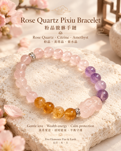 Rose Quartz Pixiu × Yellow Tower Quartz × Amethyst Bracelet | 粉晶貔貅 × 黃塔晶 × 紫水晶手鏈