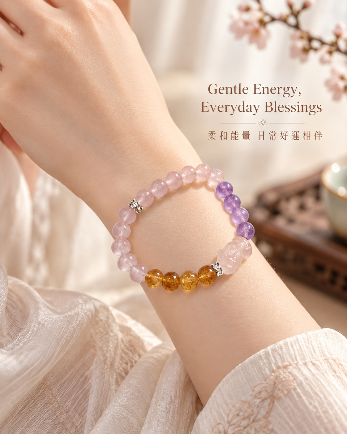 Rose Quartz Pixiu Yellow Tower Quartz Amethyst Bracelet worn | 粉晶貔貅黃塔晶紫水晶手鏈上手效果
