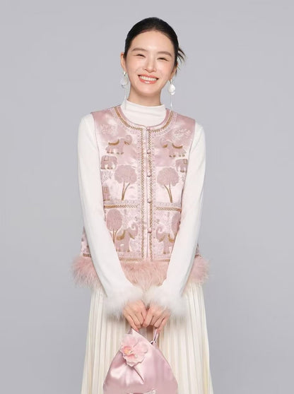Blush pink embroidered elephant motif vest, model view