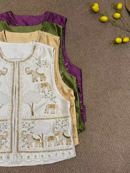 Four vest colourways: purple, green, champagne and ivory