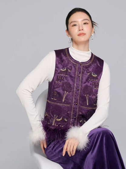 Purple embroidered elephant motif vest, model view