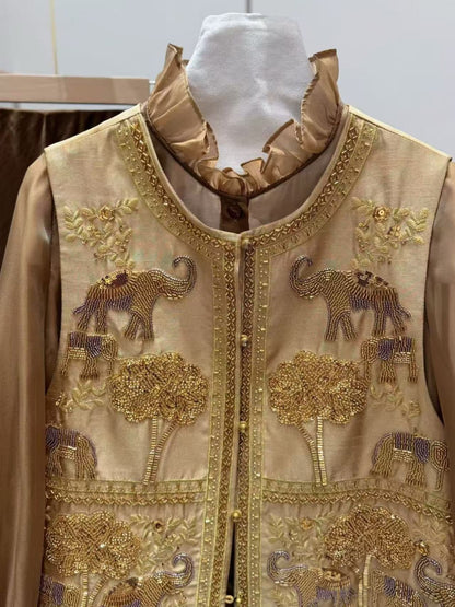 Taupe embroidered vest, front view
